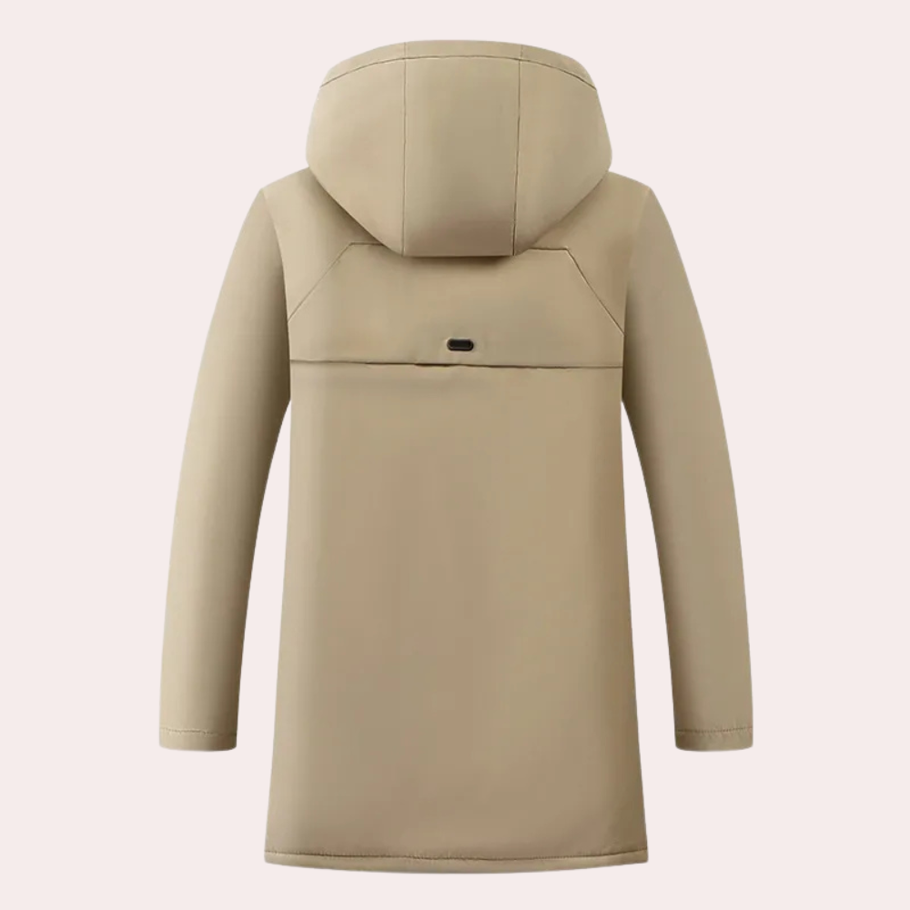 Khaki herr parkas, varm och stilren vinterjacka. Mode ytterplagg för kalla dagar.