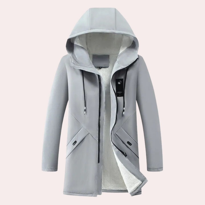 Beige vinterjacka för män, varm och modern parkas. Essentiellt ytterplagg för kallt väder.