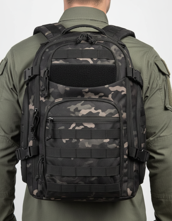 Robust 35L unisex ryggsäck i vattentåligt 600D material, idealisk för äventyr och laptopförvaring.