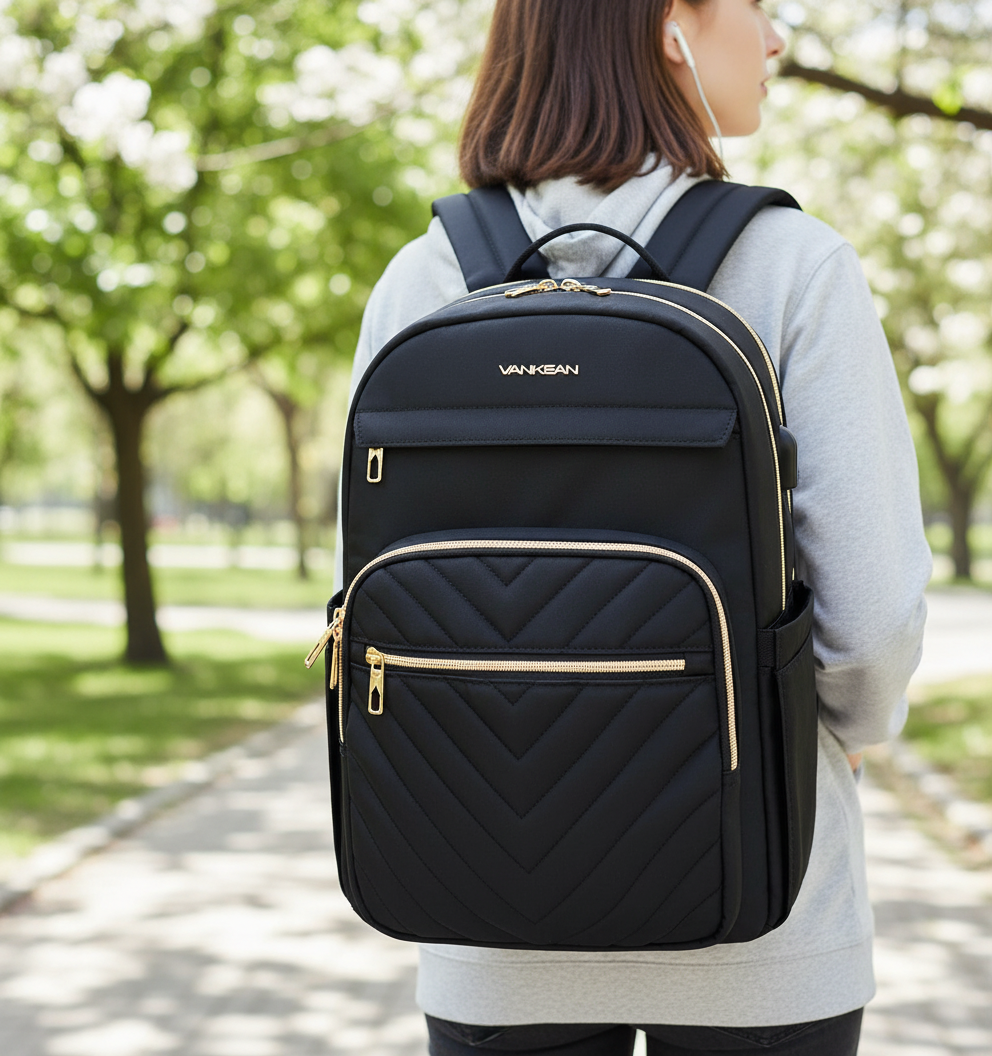 Svart TechPack laptopryggsäck, vattentålig med flera fack för organiserad förvaring, perfekt för pendling och skola.