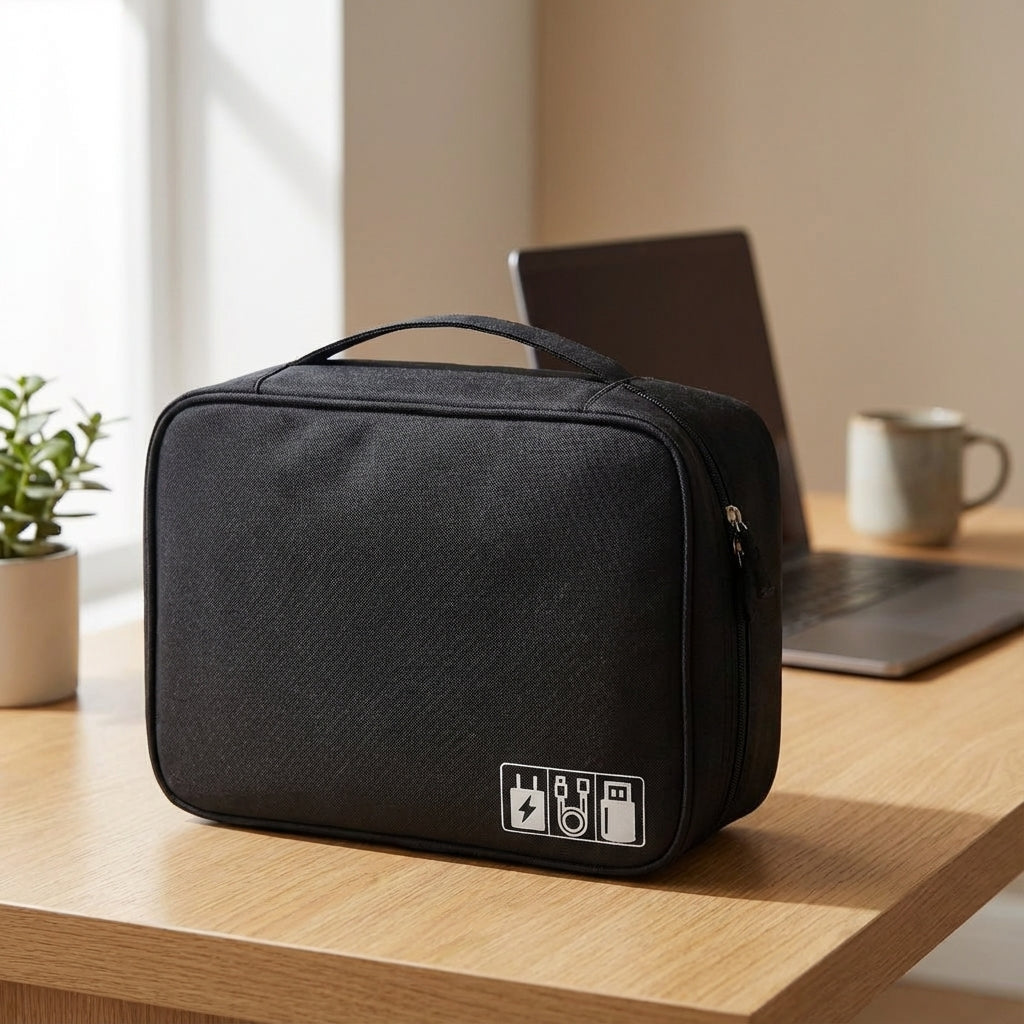 Svart TechTidy reseorganiserare för elektronik. Perfekt för kablar, laddare, powerbank. Håll ordning på resan.