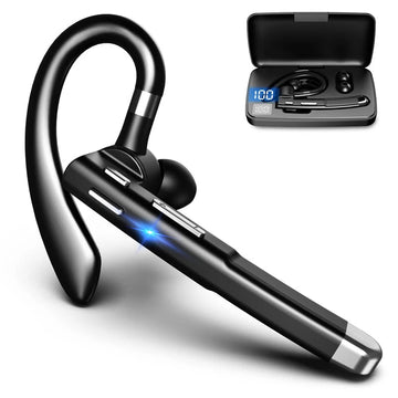 Svart trådlöst Bluetooth 5.1 headset för klara samtal, perfekt för kontor och handsfree kommunikation.