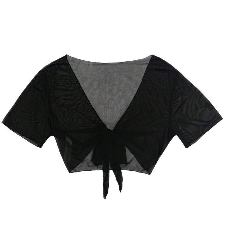 Dam transparent crop-top blus, kortärmad med snygg knyt-detalj och djup v-ringning.