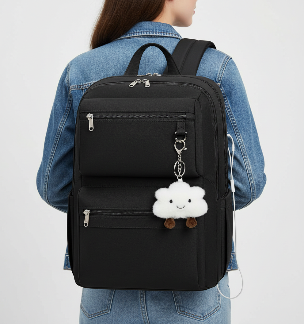 Grå ComfortPack ryggsäck med USB-laddning & vattentålig design, perfekt som arbets- eller skolväska.