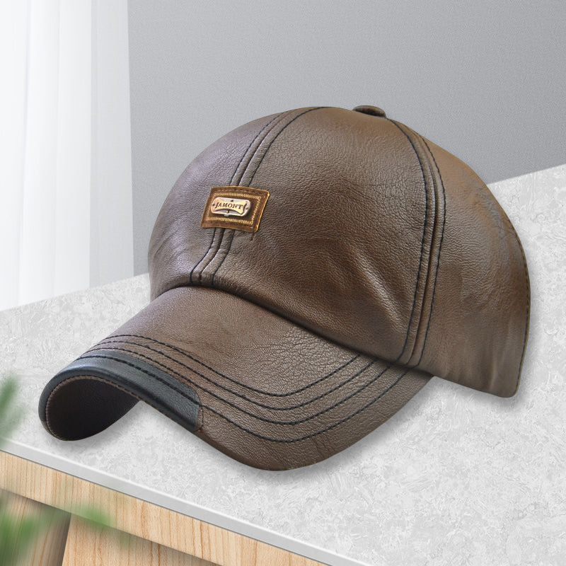 "Svart unisex PU läderkeps, justerbar med värmeisolering, klassisk design för både män och kvinnor, perfekt för kallt väder."