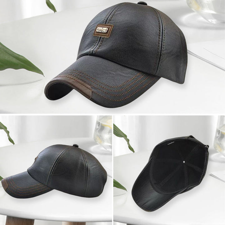 "Svart unisex PU läderkeps, justerbar med värmeisolering, klassisk design för både män och kvinnor, perfekt för kallt väder."