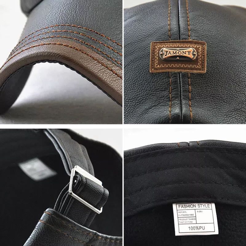 "Svart unisex PU läderkeps, justerbar med värmeisolering, klassisk design för både män och kvinnor, perfekt för kallt väder."