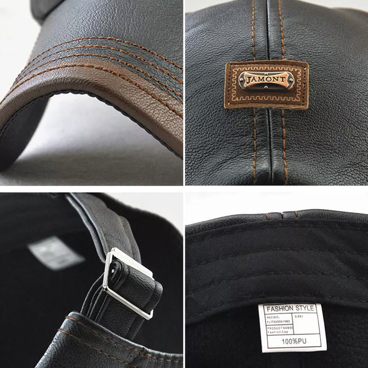 "Svart unisex PU läderkeps, justerbar med värmeisolering, klassisk design för både män och kvinnor, perfekt för kallt väder."