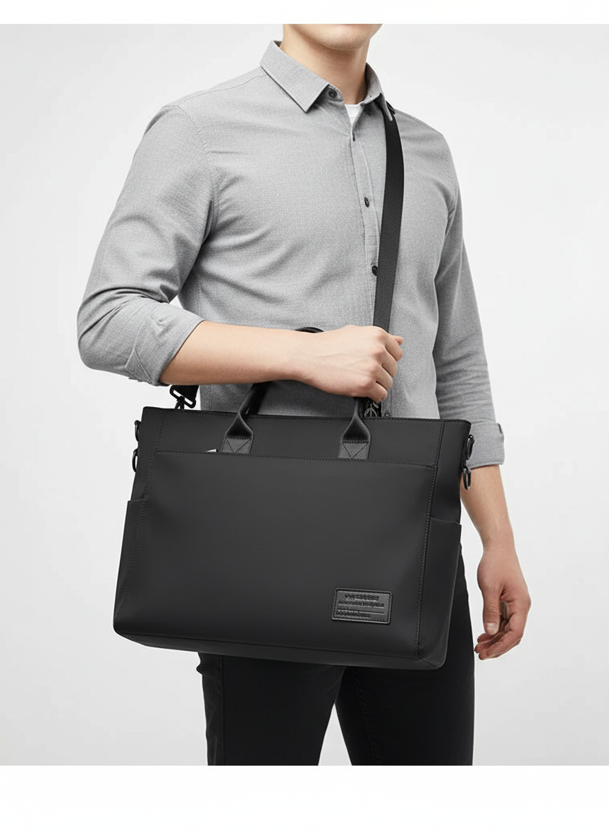 Unisex svart laptopväska, vattentät och stilren. Perfekt som datorväska eller kontorsväska för daglig användning.