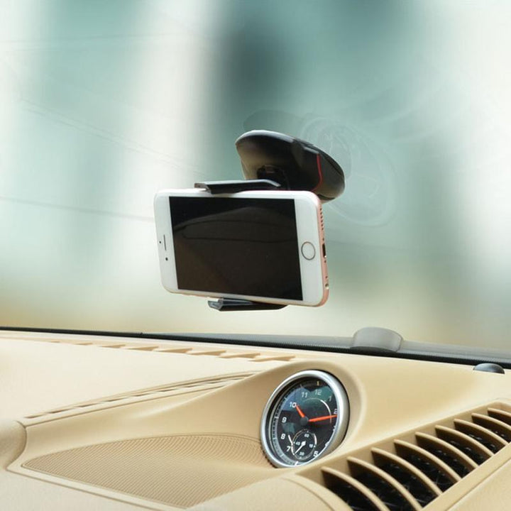 "Svart universal mobilhållare i bilen med 360° rotation, justerbar arm, fäst på instrumentbräda, håller smartphone säkert."