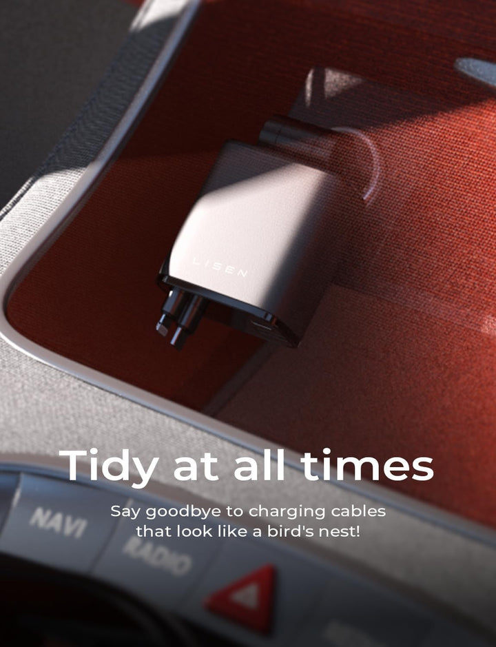 Modern USB-billaddare i svart design med praktisk utdragbar kabel för snabb laddning i bilen.
