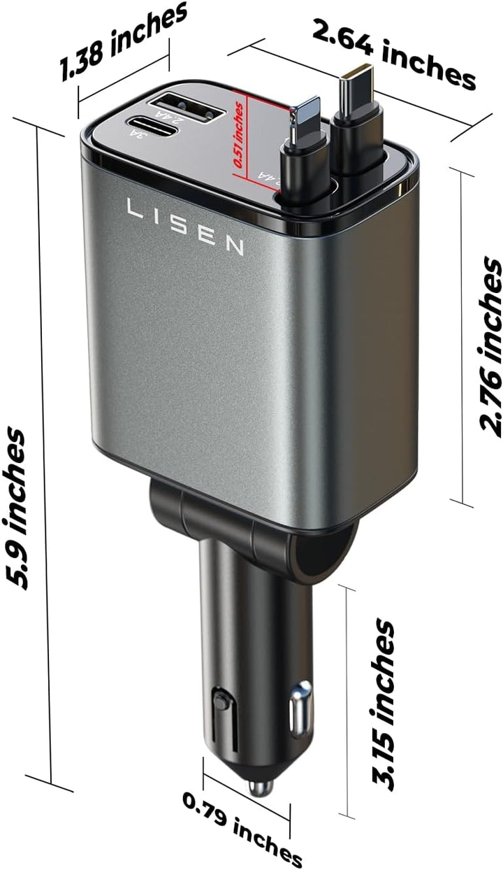 Enkel att använda USB-billaddare med utdragbar kabel. Snabb laddning för din mobiltelefon i bilen.