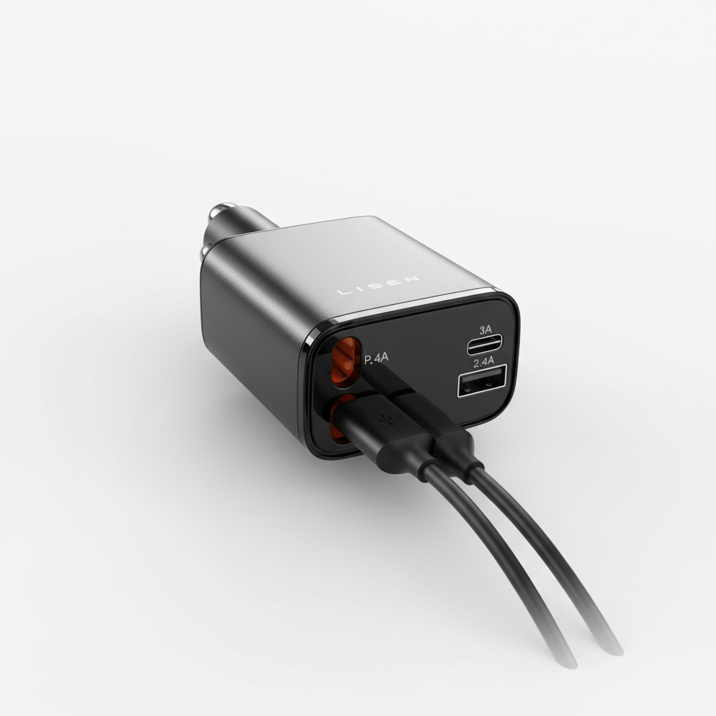 Kraftfull USB-billaddare för 12V/24V fordon med utdragbar kabel. Ladda mobil & surfplatta snabbt.