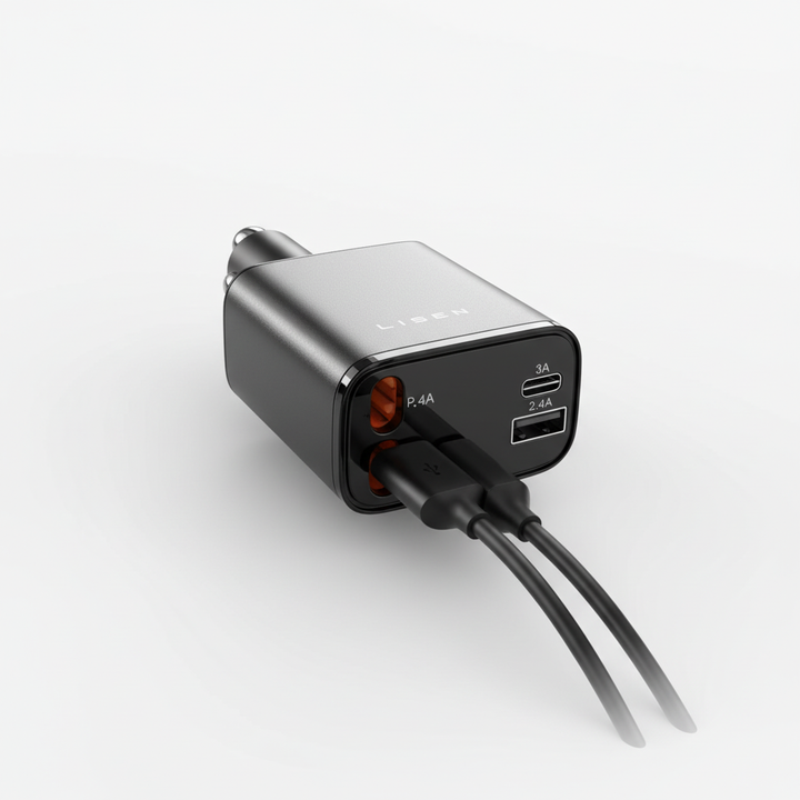 Kraftfull USB-billaddare för 12V/24V fordon med utdragbar kabel. Ladda mobil & surfplatta snabbt.