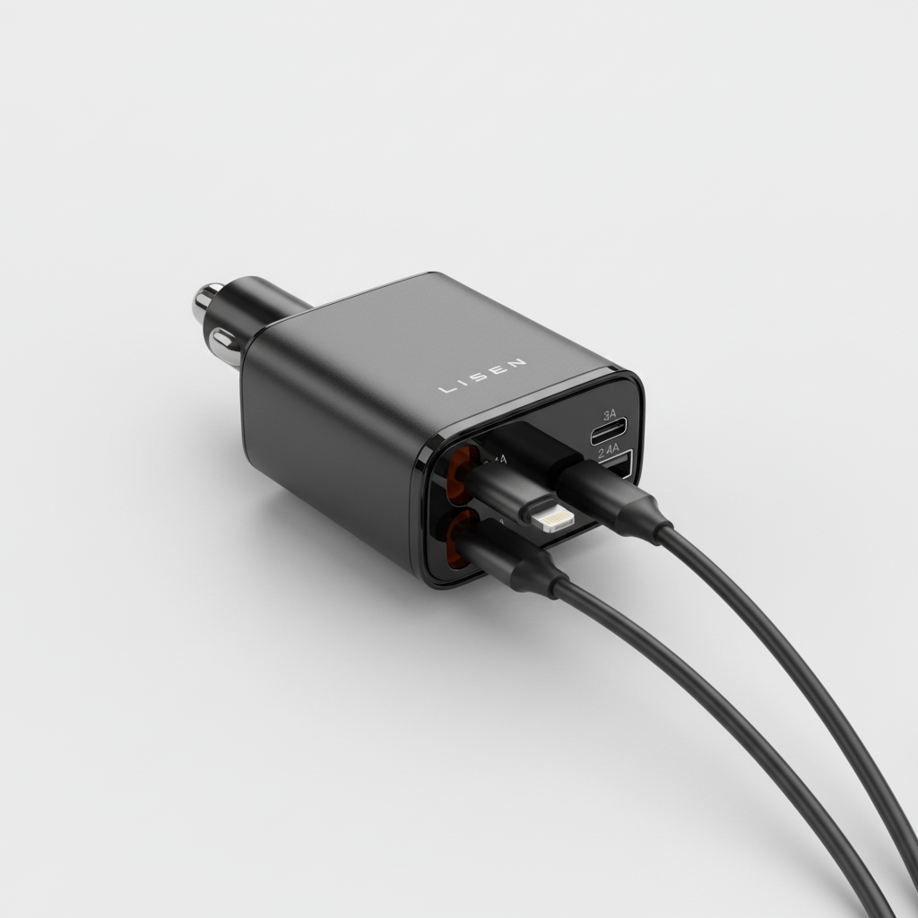 Aldrig mer urladdad mobil! USB-billaddare med utdragbar kabel för snabb laddning i fordon.