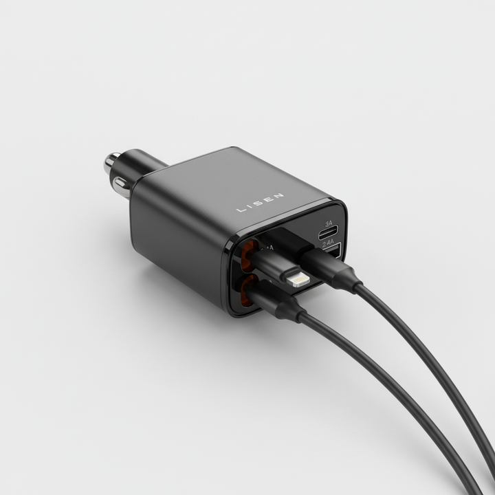 Aldrig mer urladdad mobil! USB-billaddare med utdragbar kabel för snabb laddning i fordon.