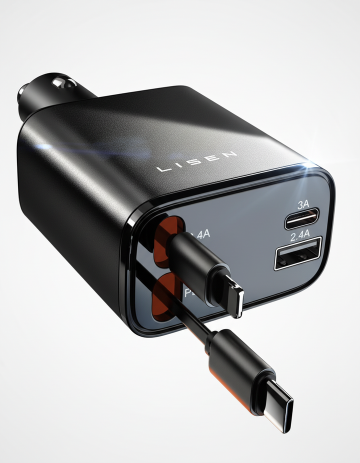 Kompakt billaddare med utdragbar USB-kabel för trasselfri laddning i bil. Håll dina enheter laddade.