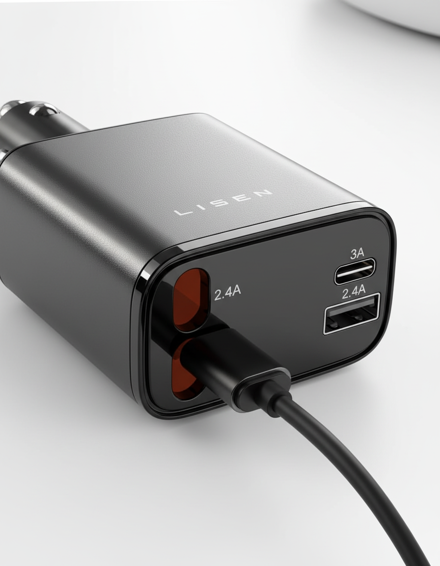 Snabbladdare för bil, med utdragbar USB-kabel. Ladda mobil och surfplatta effektivt i ditt 12V/24V fordon.