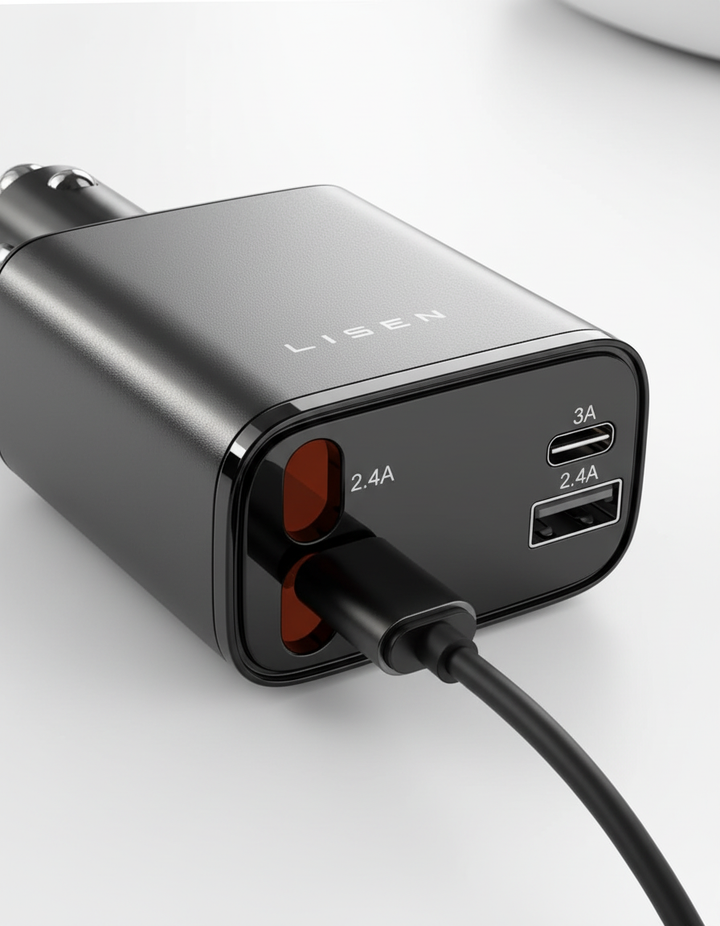 Snabbladdare för bil, med utdragbar USB-kabel. Ladda mobil och surfplatta effektivt i ditt 12V/24V fordon.