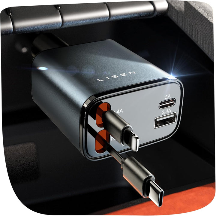 Smidig USB-laddare för bil med integrerad utdragbar kabel. Ett praktiskt tillbehör för alla fordon.