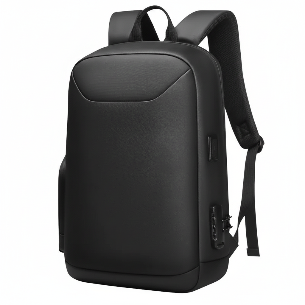 Elegant svart pendlarryggsäck för laptop med inbyggd USB-port. Vattentålig, idealisk för jobb och resor.