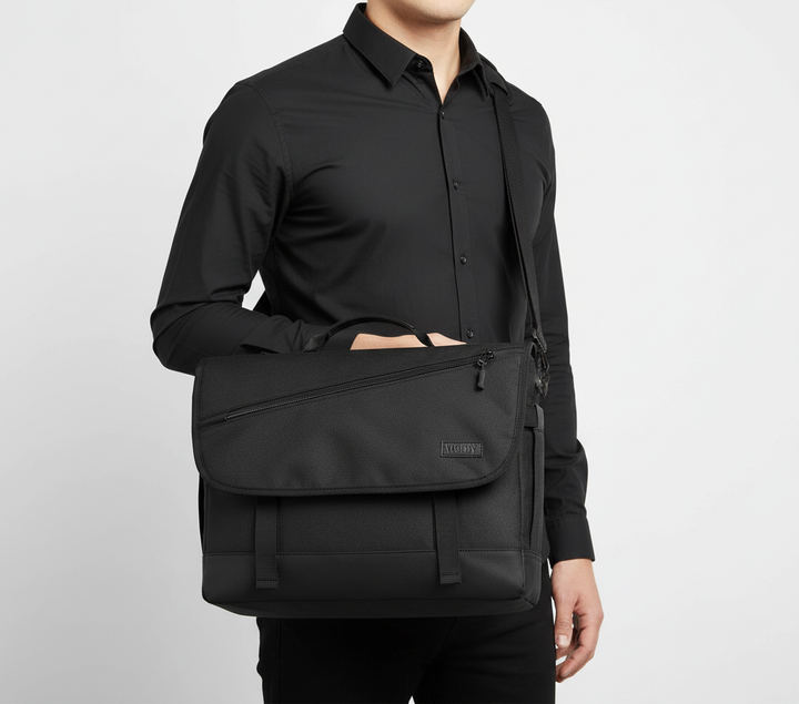 Unisex svart laptopväska, vattentålig och mångsidig. Passar 14-17" bärbar dator, idealisk för skola/arbete.