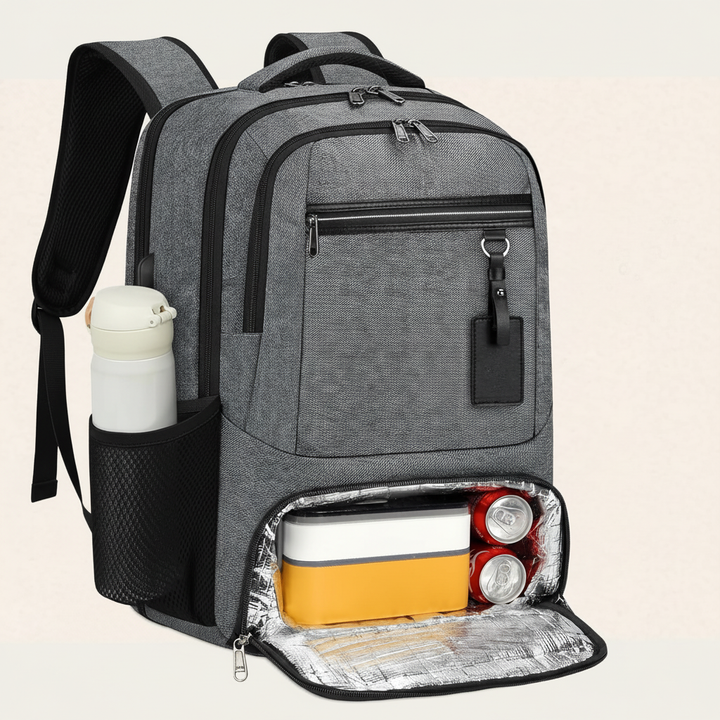 Insida av rymlig ryggsäck med vadderat laptopfack och smarta förvaringslösningar, inklusive lunchväskafunktion.