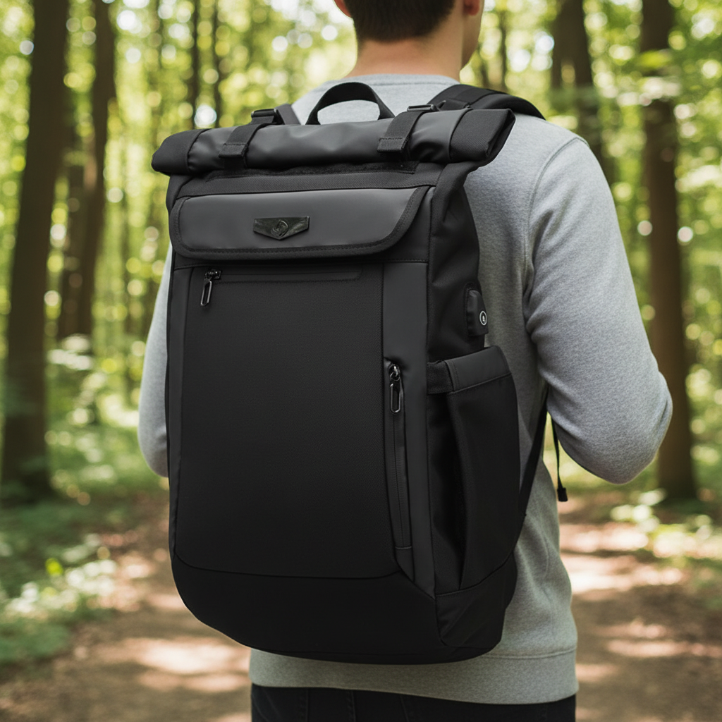 Svart vattentät 50L reseryggsäck med laptopfack, perfekt för äventyr, pendling och arbete. Ergonomisk unisex-design.