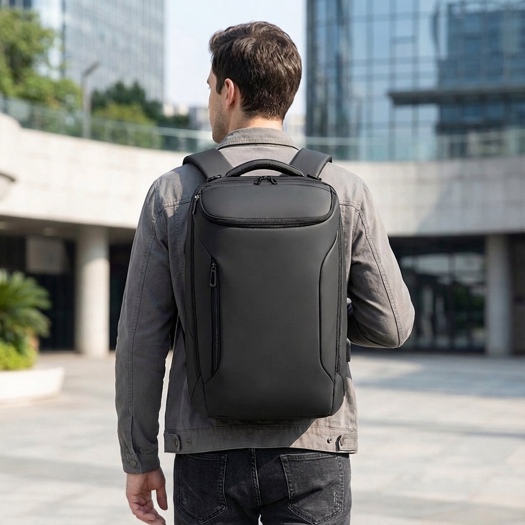 Svart vattentät businessryggsäck för laptop, perfekt för pendling och arbete. Unisex design.