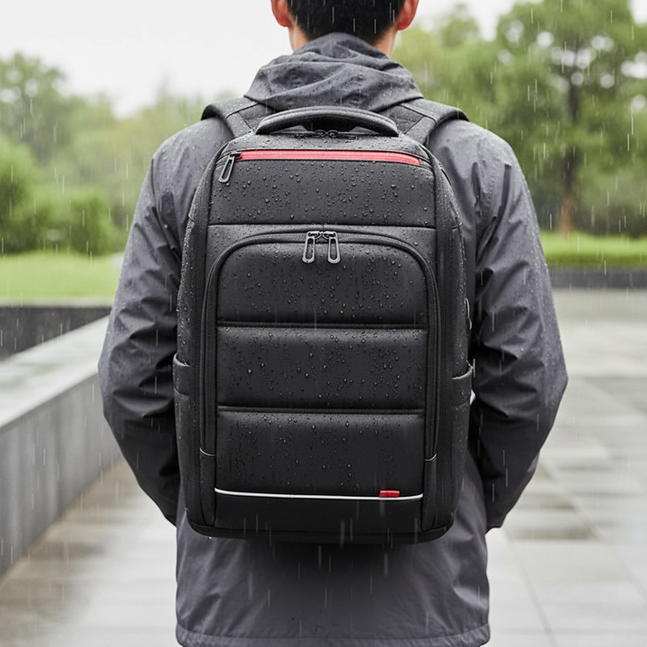Svart vattentät laptopryggsäck med USB-port. Perfekt för pendling, skola och arbete. Stöldsäker design, unisex.