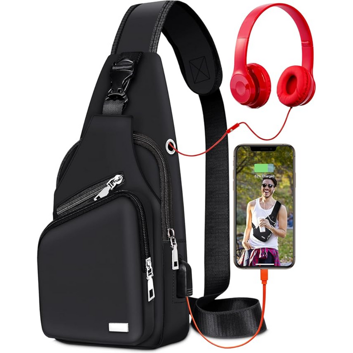 Svart vattentät slingväska för aktiva äventyr. Praktisk unisex axelväska för vardag och resor.