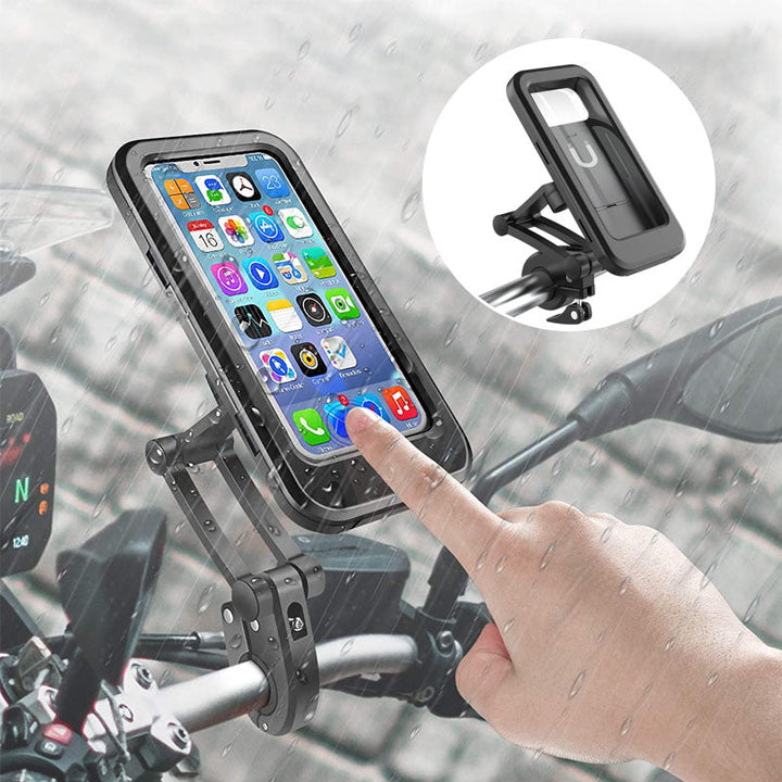 "Svart vattentät cykeltelefonhållare med 360° rotation, känslig touchscreen och universell kompatibilitet för smartphones."