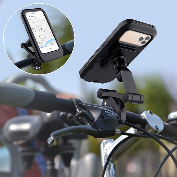 "Svart vattentät cykeltelefonhållare med 360° rotation, känslig touchscreen och universell kompatibilitet för smartphones."