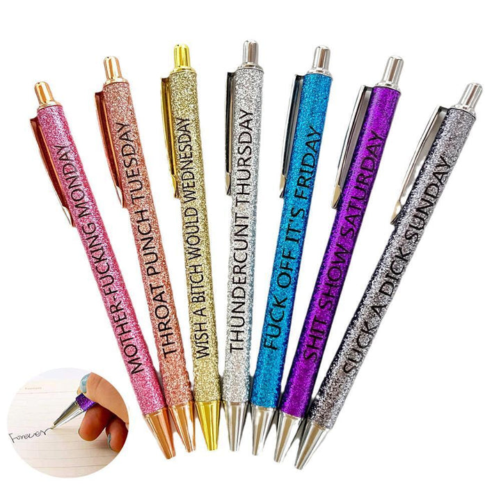 "Svarta bläckpennor 7-pack, roliga unika designer, personligt uttryck, tryckknapp, tillbehör för hemmet och kontoret."