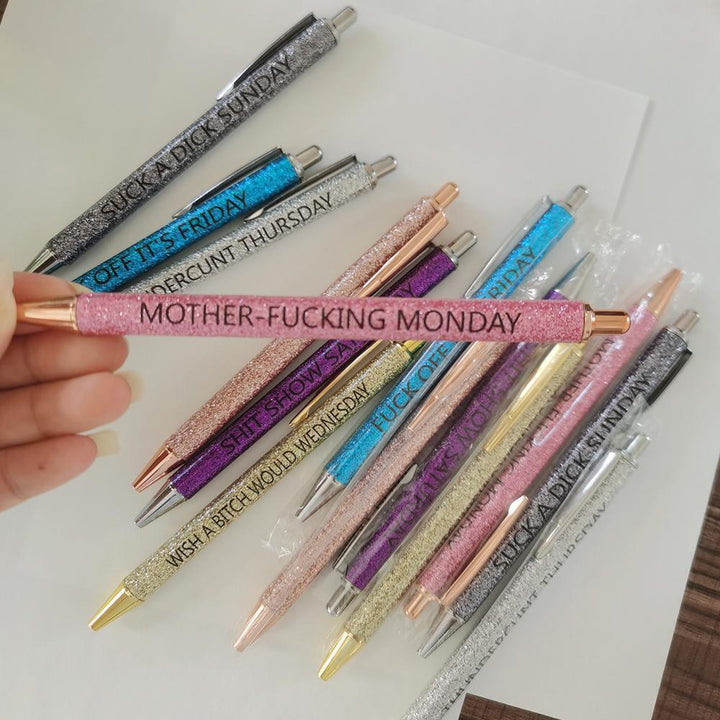 "Svarta bläckpennor 7-pack, roliga unika designer, personligt uttryck, tryckknapp, tillbehör för hemmet och kontoret."