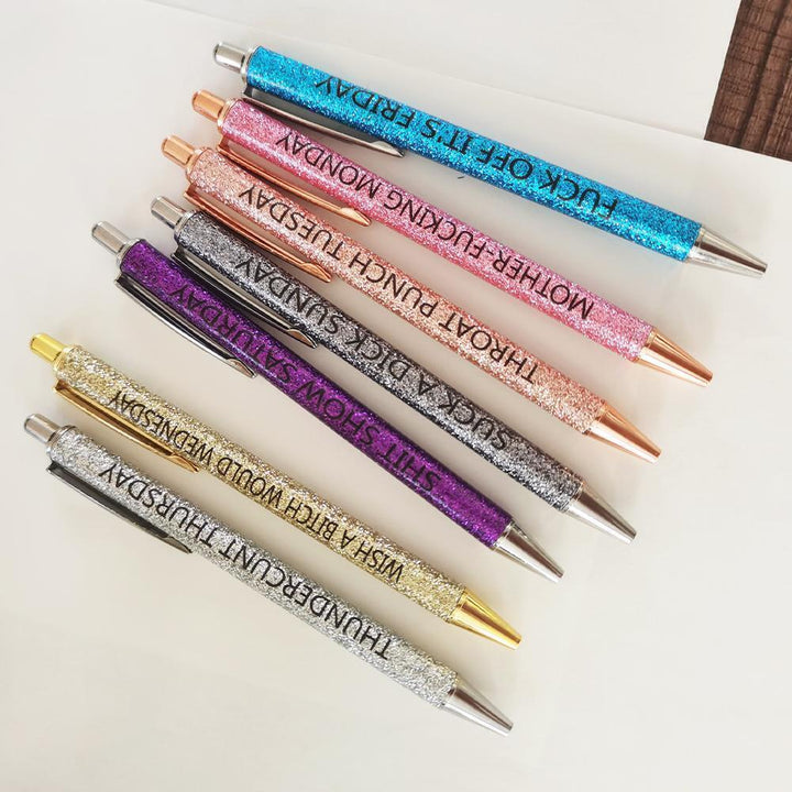 "Svarta bläckpennor 7-pack, roliga unika designer, personligt uttryck, tryckknapp, tillbehör för hemmet och kontoret."