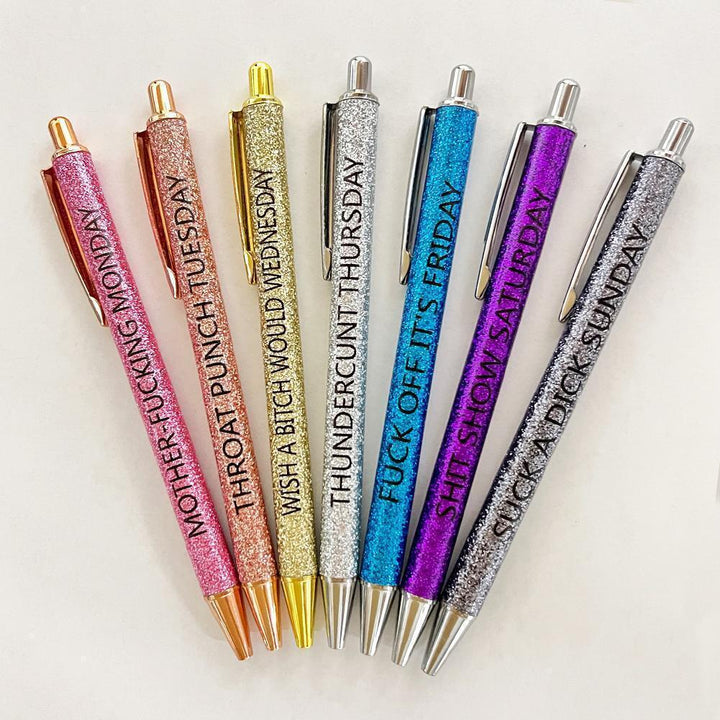 "Svarta bläckpennor 7-pack, roliga unika designer, personligt uttryck, tryckknapp, tillbehör för hemmet och kontoret."