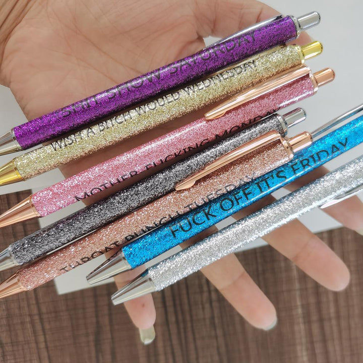 "Svarta bläckpennor 7-pack, roliga unika designer, personligt uttryck, tryckknapp, tillbehör för hemmet och kontoret."