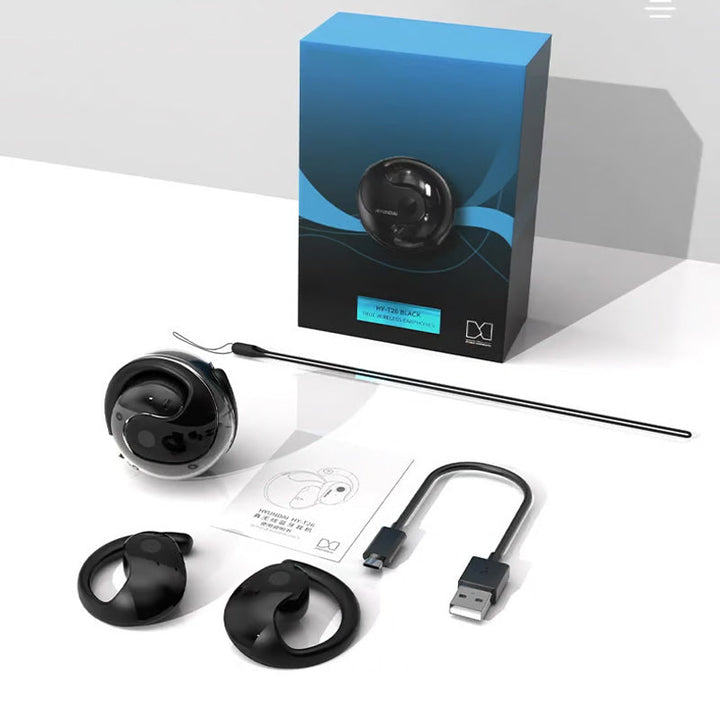 "Svarta trådlösa Bluetooth-öronsnäckor med AI för översättning och klart ljud, perfekt för resor och arbete."