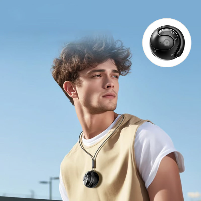 "Svarta trådlösa Bluetooth-öronsnäckor med AI för översättning och klart ljud, perfekt för resor och arbete."