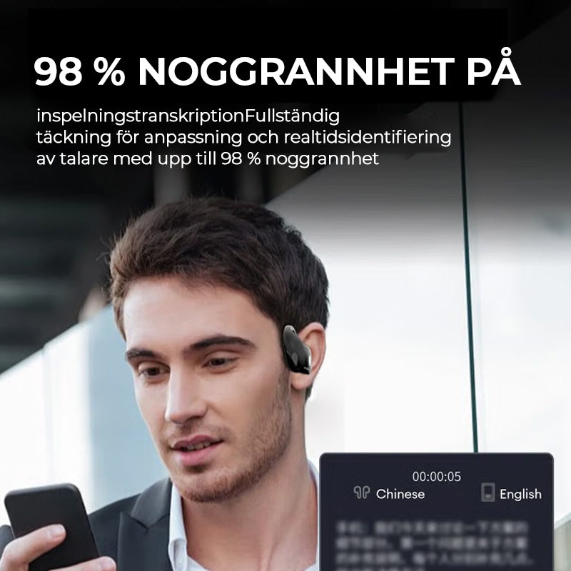 "Svarta trådlösa Bluetooth-öronsnäckor med AI för översättning och klart ljud, perfekt för resor och arbete."