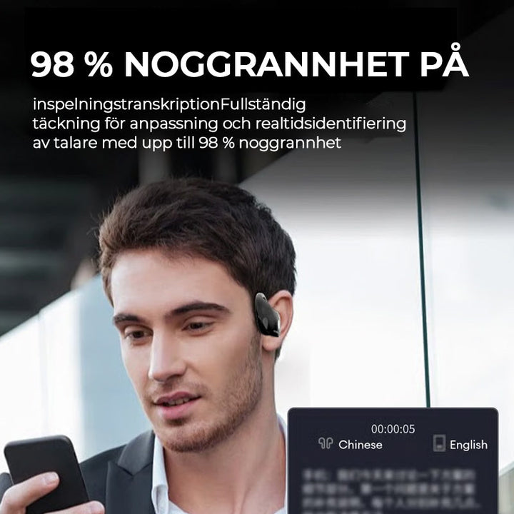 "Svarta trådlösa Bluetooth-öronsnäckor med AI för översättning och klart ljud, perfekt för resor och arbete."