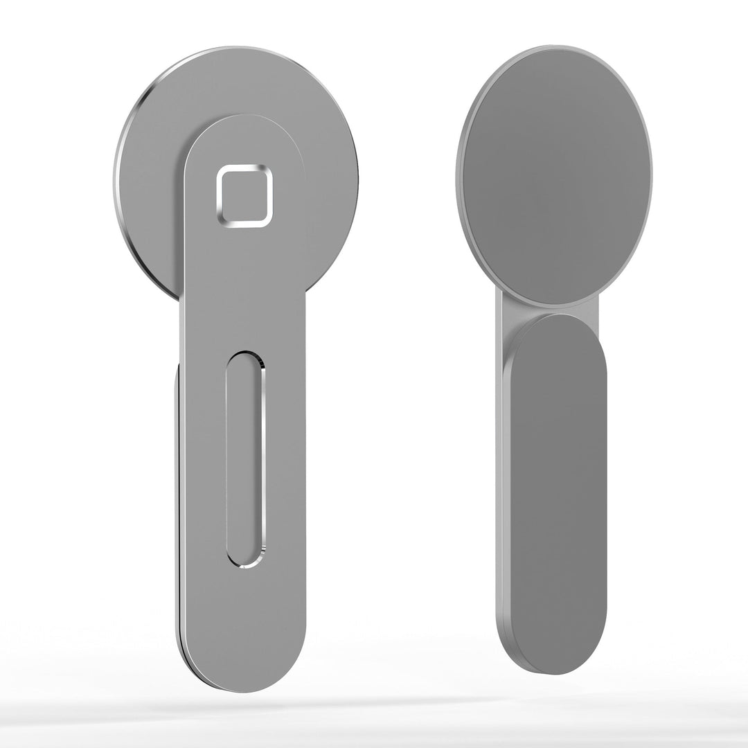 Magnetisk telefonhållare i aluminium, svart/silver, monterad på datorskärm.