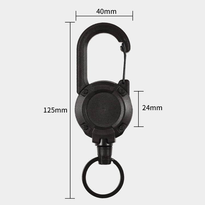 "Svart/vit multifunktionell nyckelring med infällbar vajer, hållbar aluminiumkarbin för utomhusbruk, ca 12,5 cm lång."