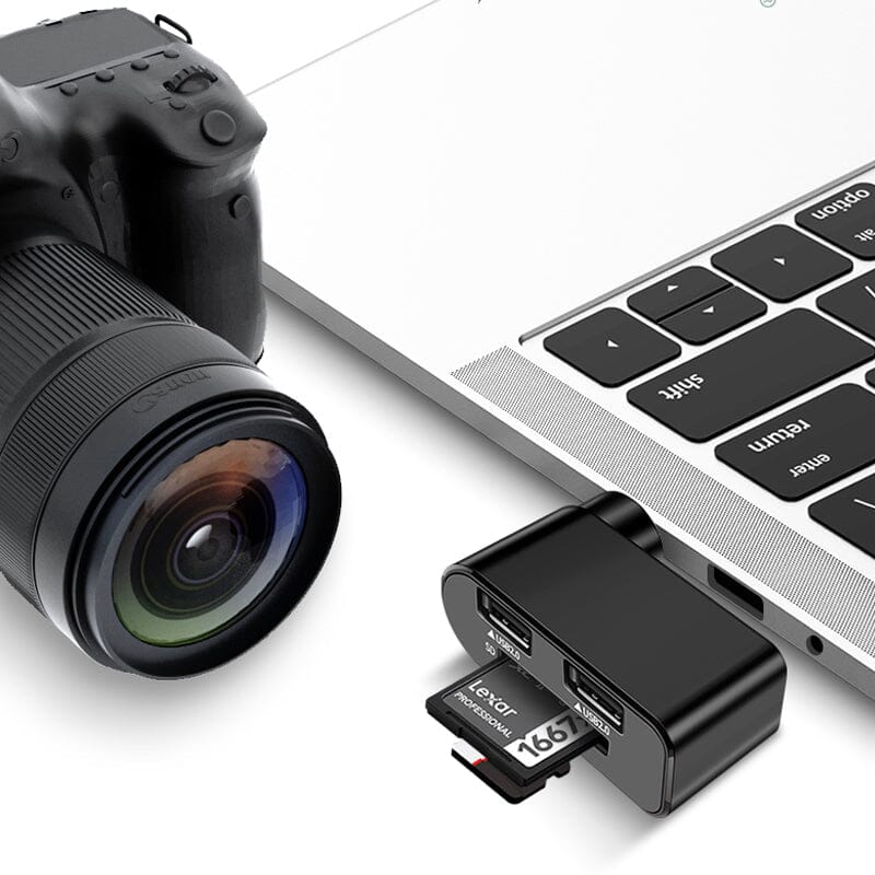 Svart och vit roterbar 4-portars USB-hubb för datorer och surfplattor, ger enkel anslutning och 180 graders rotation.