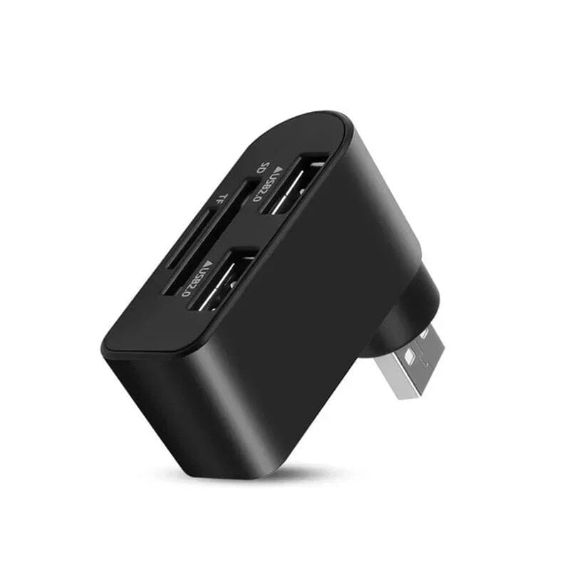 Svart och vit roterbar 4-portars USB-hubb för datorer och surfplattor, ger enkel anslutning och 180 graders rotation.