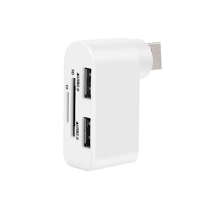 Svart och vit roterbar 4-portars USB-hubb för datorer och surfplattor, ger enkel anslutning och 180 graders rotation.