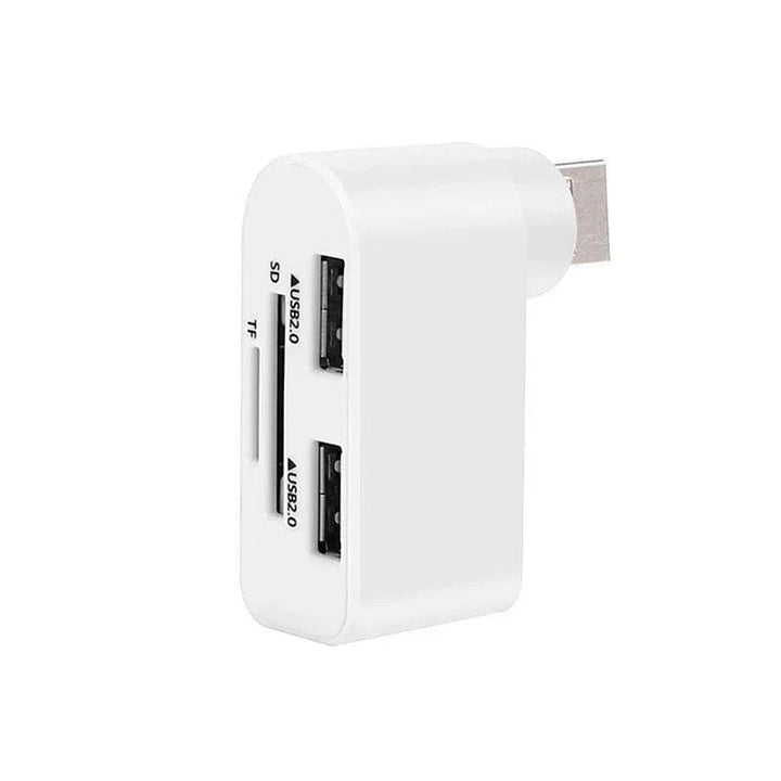 Svart och vit roterbar 4-portars USB-hubb för datorer och surfplattor, ger enkel anslutning och 180 graders rotation.