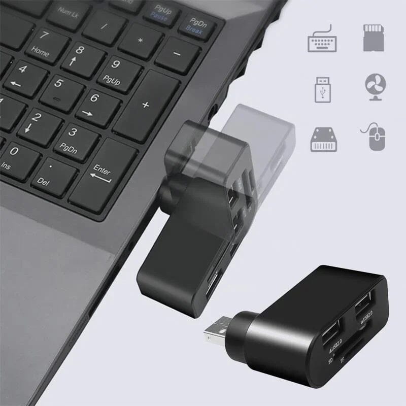 Svart och vit roterbar 4-portars USB-hubb för datorer och surfplattor, ger enkel anslutning och 180 graders rotation.