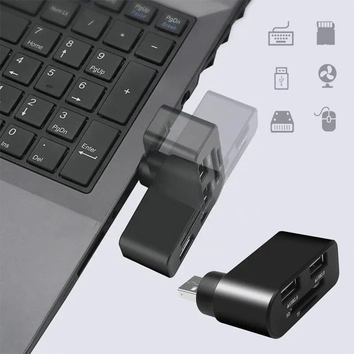 Svart och vit roterbar 4-portars USB-hubb för datorer och surfplattor, ger enkel anslutning och 180 graders rotation.